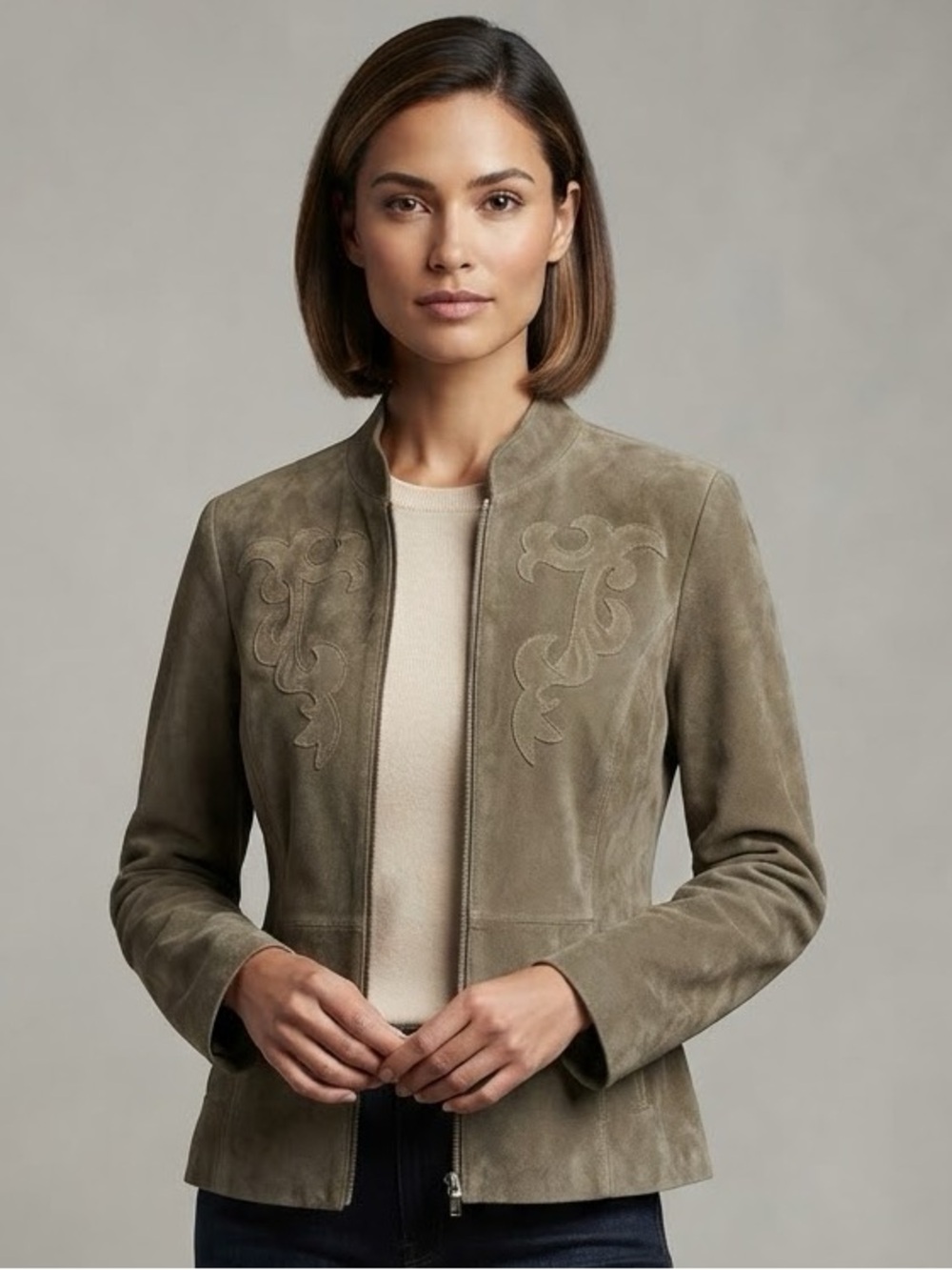 Pamela McCoy Vintage Suede Genuine Leather Jacket Taupe Western Embroidered 1X